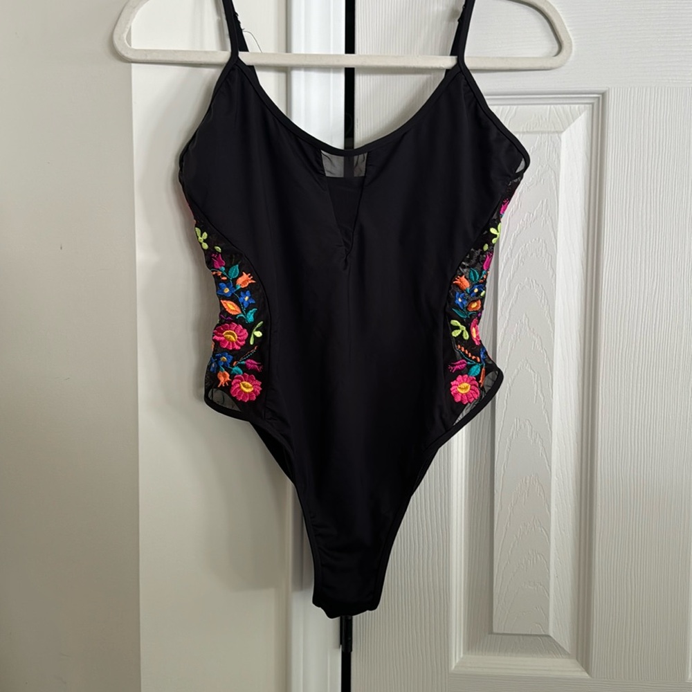 Kenneth Cole Black Bathing Suit with Mesh Embroidery